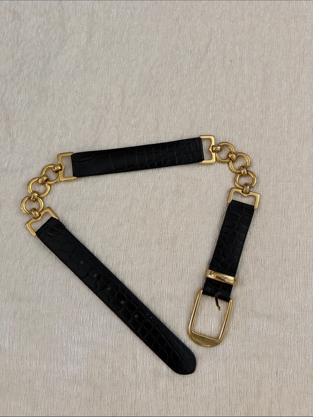 Black Croc-Embossed Leather Belt with Gold Chain Accents